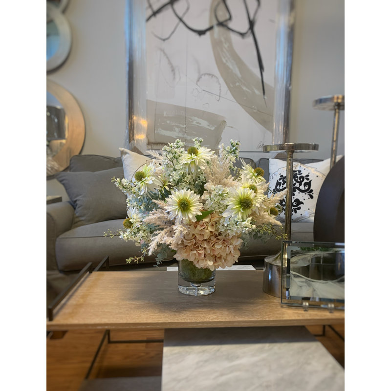 Hydrangea, Daysis,Lilac And Pampas Arrangement In A Glass Vase With Moss
