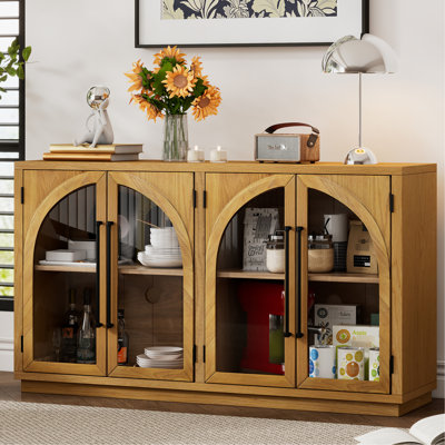 Buffet arqué à 4 portes, tablettes réglables, bois rétro, poignées en métal au design rétro et en caoutchouc, gestion des câbles, grand dispositif de rangement pour la cuisine avec portes en verre, tablette