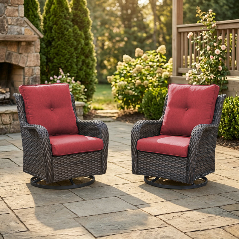 Swivel and sliding wicker patio chairs, Brun, Rouge