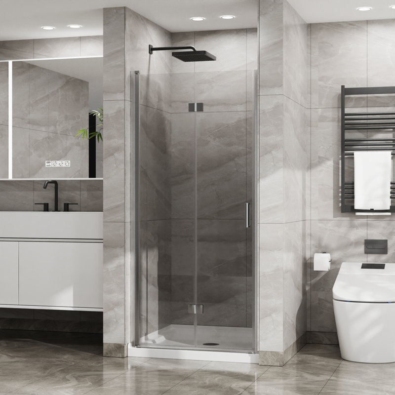 34"X 72" Bifold Frameless Glass Shower Door 0.25 Inch Tempered Clear Glass Pivot Swing Shower Panel Interior Doors, Silver