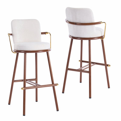 Indoor Upholstered Bar Stool With Metal Frame, Walnut Finished And Beige Upholstery, Set Of 2