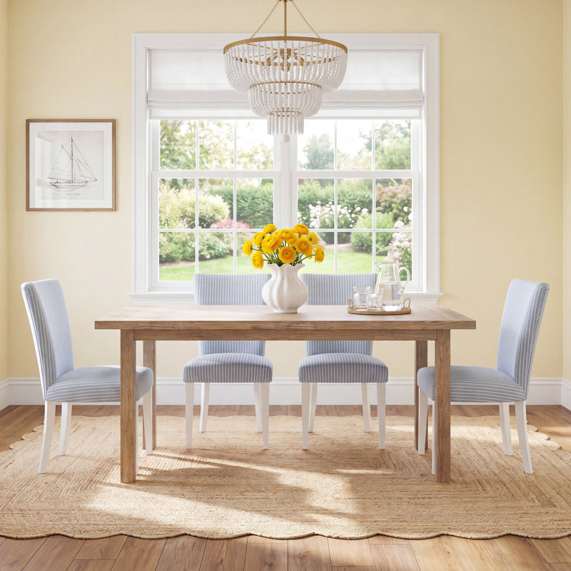 Lana Dining Set With Four Leg Table And Striped Side Chairs, White