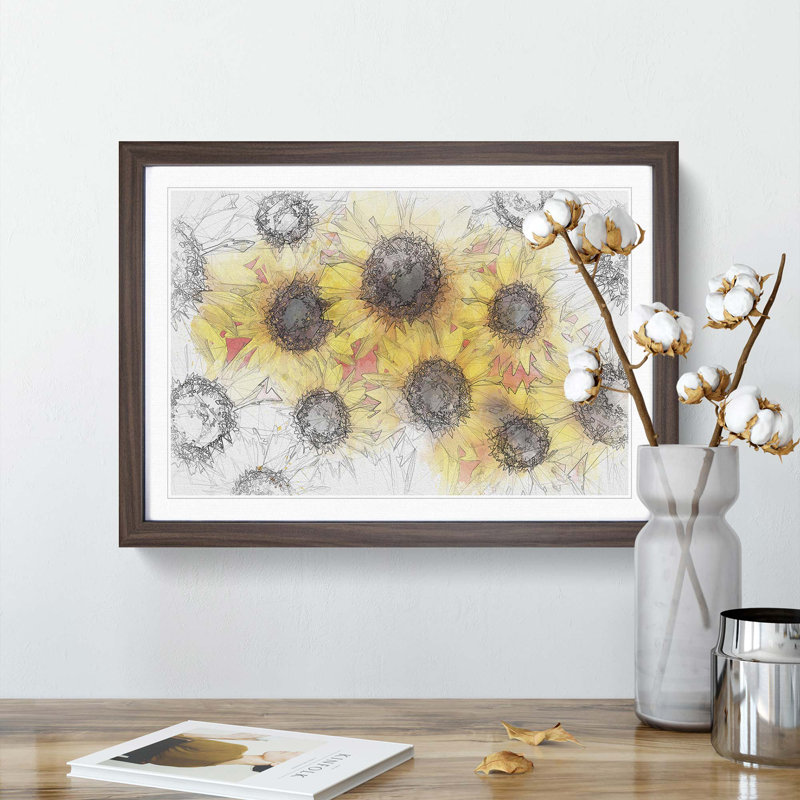 Wall of Yellow Sunflowers in Abstract - Picture Frame Graphic Art Print on MDF, Walnut, 35cm H x 50cm W x 2cm D