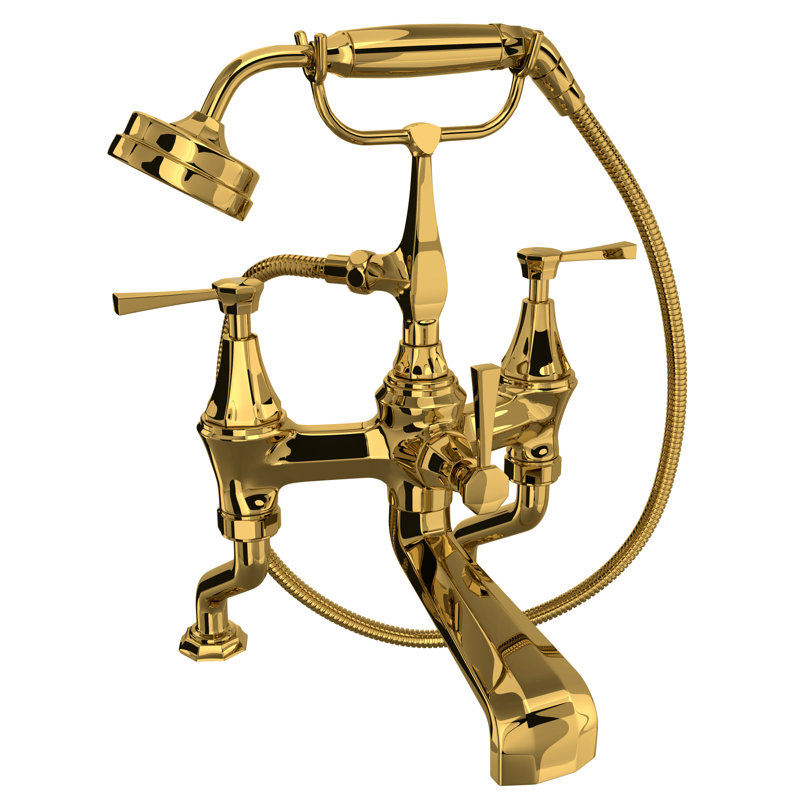 Deco Exposed Deck Mount Tub Filler, Unlacquered Brass, Lever Handle