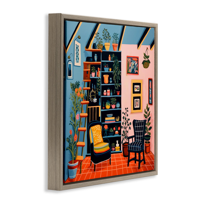 Art mural sur toile flottante encadrée, "Scène de bibliothèque et plantes" par Lazar Studio, Cadre flottant orme Montalcino