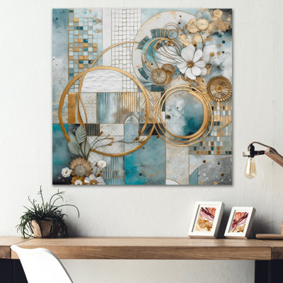 Motif floral doré bleu mosaïque II - impression sans cadre sur métal