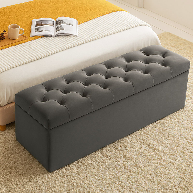 Chesterfield Ottoman Storage Box - Plush Velvet Blanket box - Shoe Bench - End of Bed Bench, Steel Grey