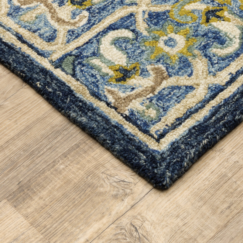 Tapis bleu / jaune touffeté à la main Schuck, Tapis de couloir 2 pi 6 po x 8 pi