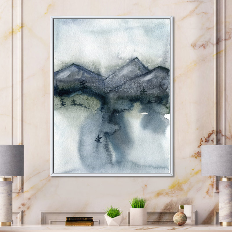 «Minimalistic Landscape of Mountains Trees and Snow», peinture sur toile à cadre flottant, Toile blanche encadrée