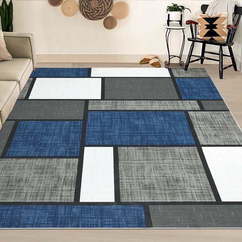 Tapis bleu foncé lavable à motif géométrique moderne, Rectangle 5 pi x 7 pi