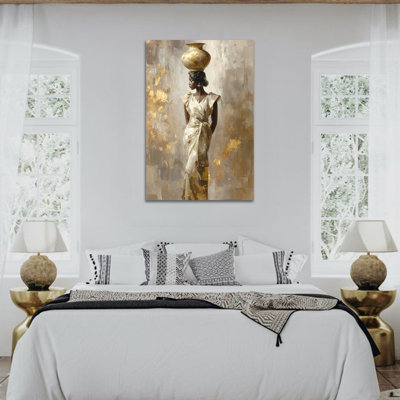 African Women Canvas Wall Art - Elegant Black Woman Pictures Wall Decor, Sophisticated Textured Artwork For Living Room, Earthy Tone African Art Wall Decor, Wrapped Canvas Frame Painting, 24×36 Inches