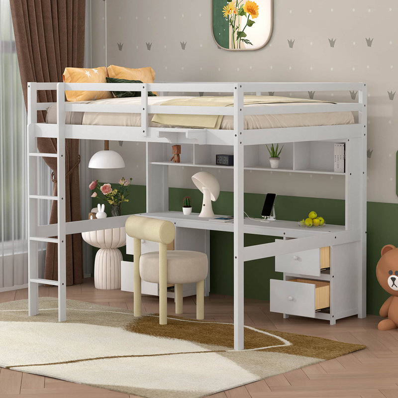 Lit mezzanine double avec bureau Briona Kids, Blanc