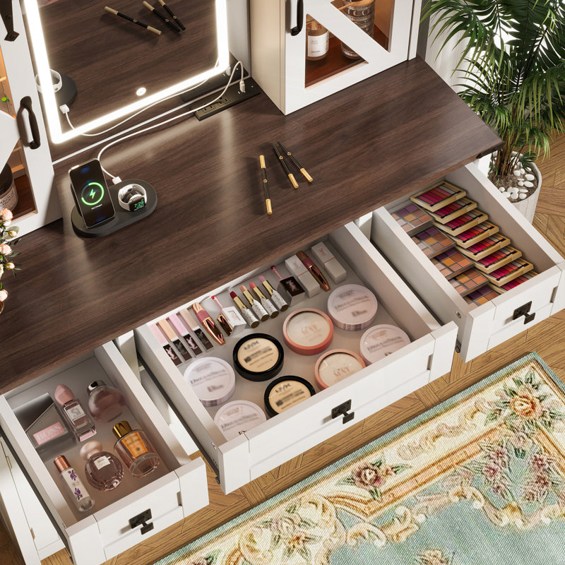 43.3" Farmhouse Makeup Vanity Desk With Lighted Mirror, Vanity Table Set With Storage Stool And Charging Station, Dressing Table With Sliding Barn Door Hidden Shelves & 3 Drawers & 4 Cabinets, Beige