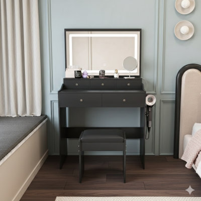 New Expansive Mirror Vanity Desk For Bedrooms, Contemporary Makeup Vanity Set Equipped With A Power Outlet And A Hairdryer Holder. Features Five Drawers And Lighting With Three Adjustable Color Options For A Bedroom Dressing Table, In Black.