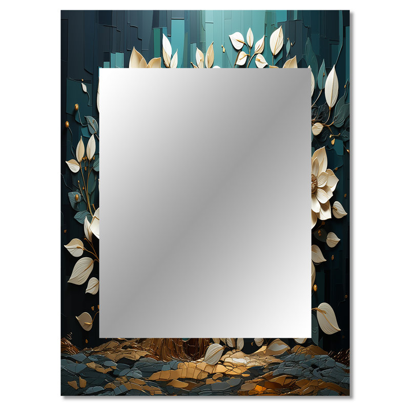 Blanc et bleu, charmante fleur de printemps Elegance I - miroir décoratif fleurs, grand miroir mural traditionnel, impression d'art en métal