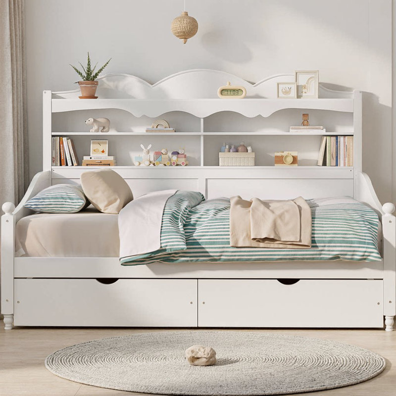 Twin Daybed with 2 Storage Drawers & Headboard Shelving, Wooden Retro Style Day Bed with Open Shelves, No Box Spring Needed for Bedroom, Living Room, Guest Room