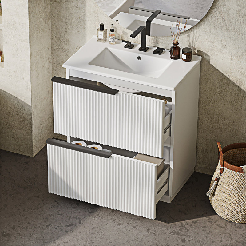 Meuble-lavabo autoportant avec lavabo et tiroirs en céramique, Blanc