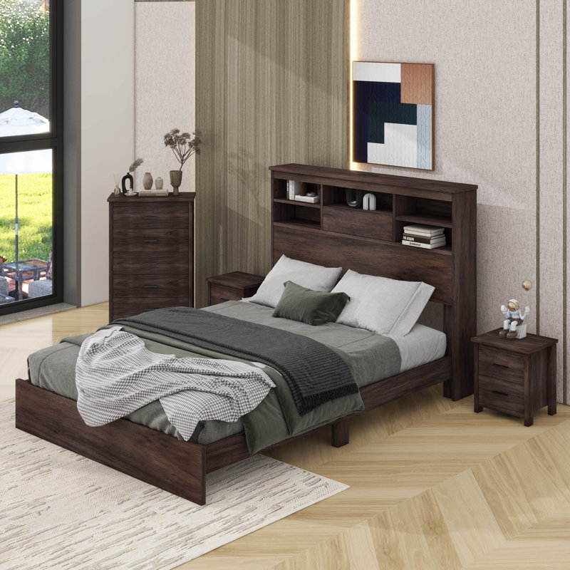 4-Pieces Bedroom Sets Queen Size Vintage Wooden Bed With Nightstands And Dresser, Dark Walnut