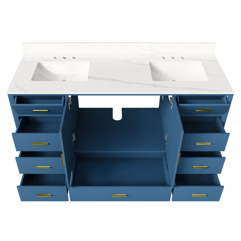 Meuble-lavabo 60 po en bois massif avec 2 lavabos, comptoir en quartz 61 po avec 6 trous de robinet pré-percés, 2 portes doubles à fermeture douce, 7 tiroirs et 2 petits compartiments de rangement rabattables