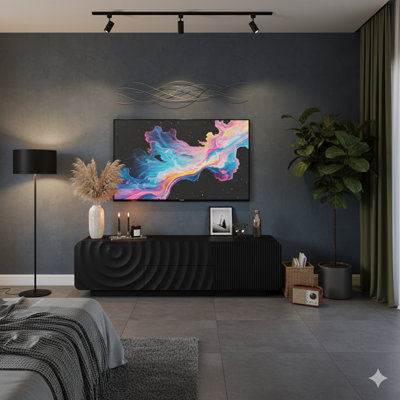 Console de télévision de 58 pouces avec un design moderne en spirale ondulée unique, avec une armoire de rangement et deux tiroirs. Un meuble télé adapté aux salons ou aux chambres à coucher, disponible en noir.