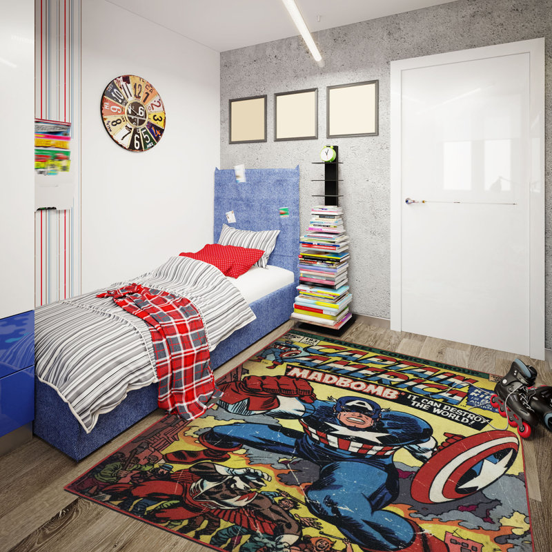 Licensed Disney Marvel Captain America Comic Multi-Colored Digital Printed Easy Care Non-Slip Polypropylene Youth Area Rug, 4'6"x6'6"