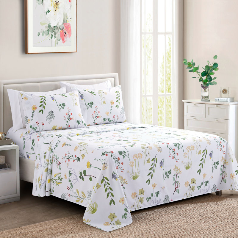 Ensemble de draps en rayonne de bambou toutes saisons 6 pièces avec 4 taies d'oreiller Marina, Vert / rouge / beige, Floral
