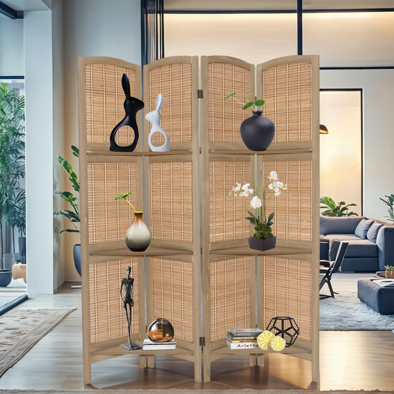 4 - Panel Wood Folding Room Divider Screens Privacy Separation Wall With Shelves
