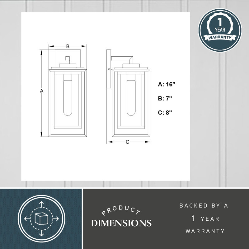 Tesler 16 in. H 1-Light Textured Black Transitional Outdoor Wall Sconce made of Durable Metal, Clear Glass Shade, LED Compatible, Use for Exterior Porch Patio Front Door or Garage