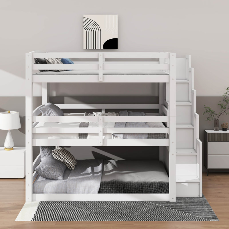 Full Size Triple Bunk Bed With Staircase, White