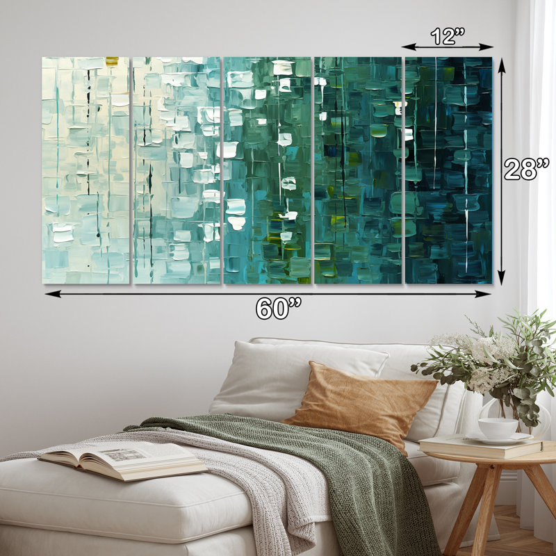 Continuation et départ rétro or et bleu sarcelle - décoration murale abstraite - 5 panneaux égaux