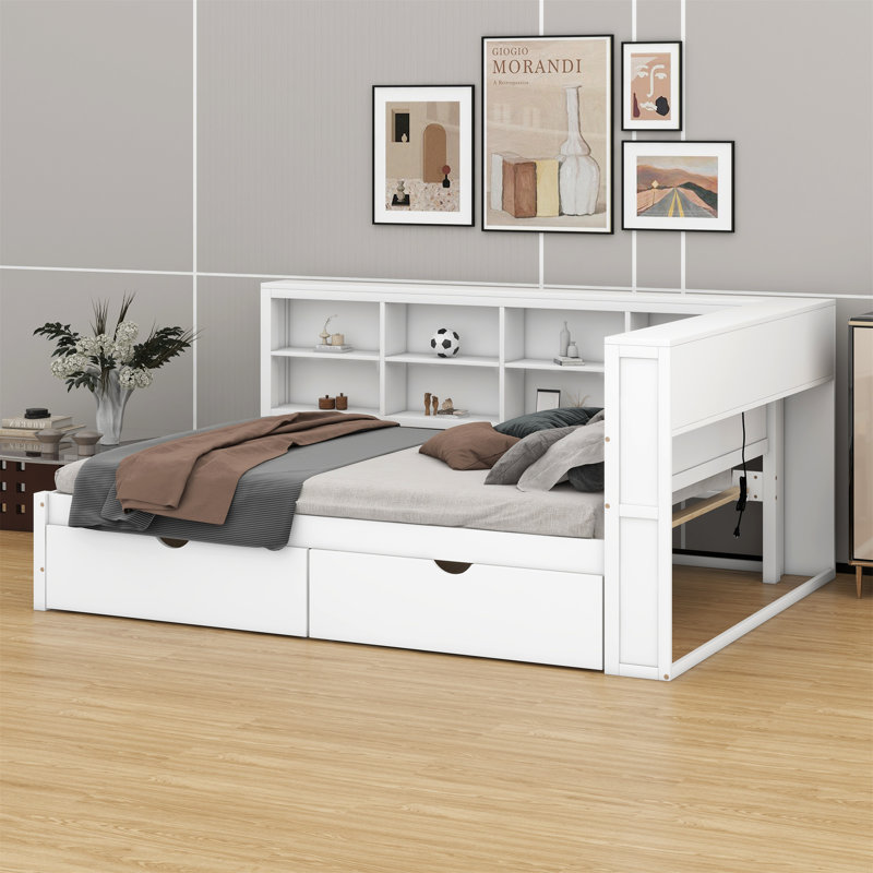 Wooden Daybed With Drawers,Storage Shelf And USB Charging Ports, White, Full / Double