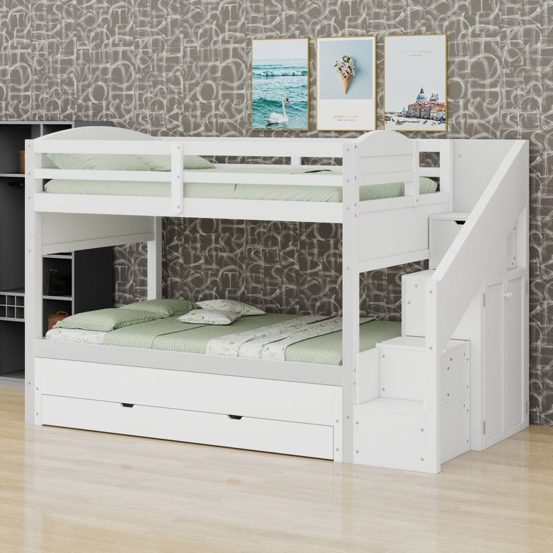 Lit superposé avec lit gigogne, trois tiroirs de rangement, escalier de rangement et garde-robe, Blanc