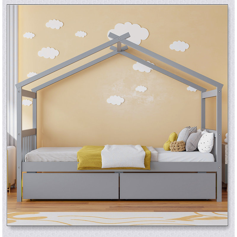 Wooden House Bed With Drawers, Gris, Lit simple