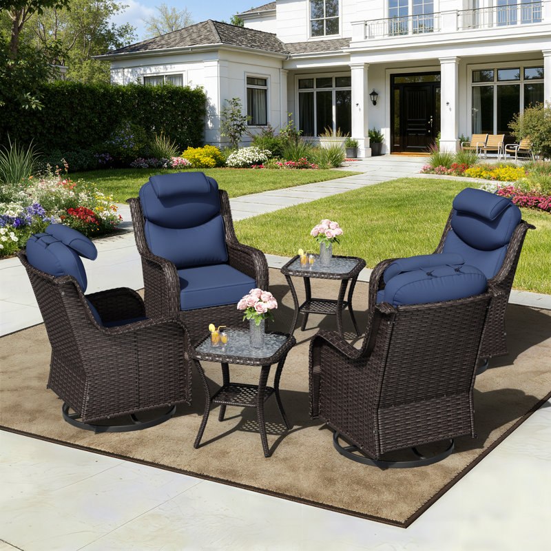 Adcox 4-Person Outdoor Rattan Patio Seating Group With Swivel Chairs, Headrest Pillows, Side Table and Blue Cushions, Blue