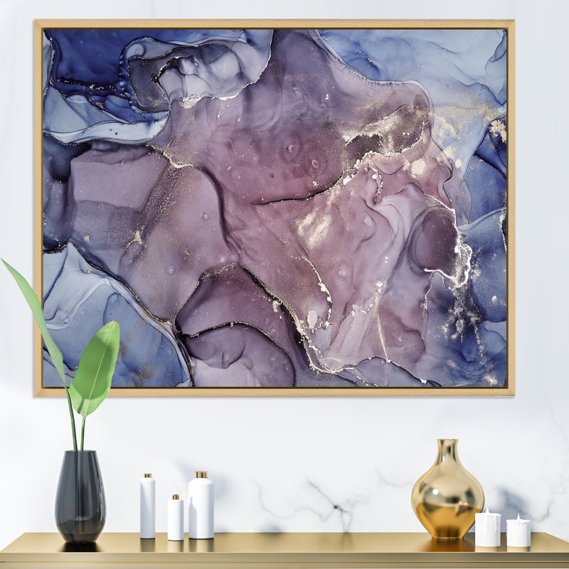 Gris et mauve, encre de marbre, impression sur toile murale moderne, H 34 po x l 44 po x P 1,5 po, Cadre flottant en érable