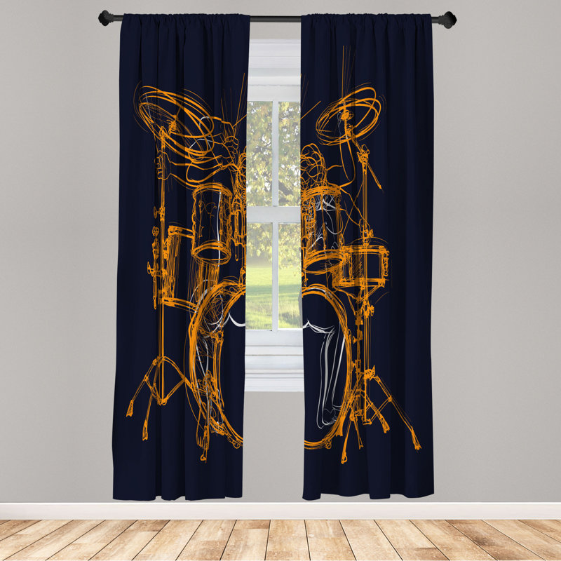 Microfiber Floral Semi-Sheer Rod Pocket Curtain Panels, 28" W x 63" L, Navy/Goldenrod
