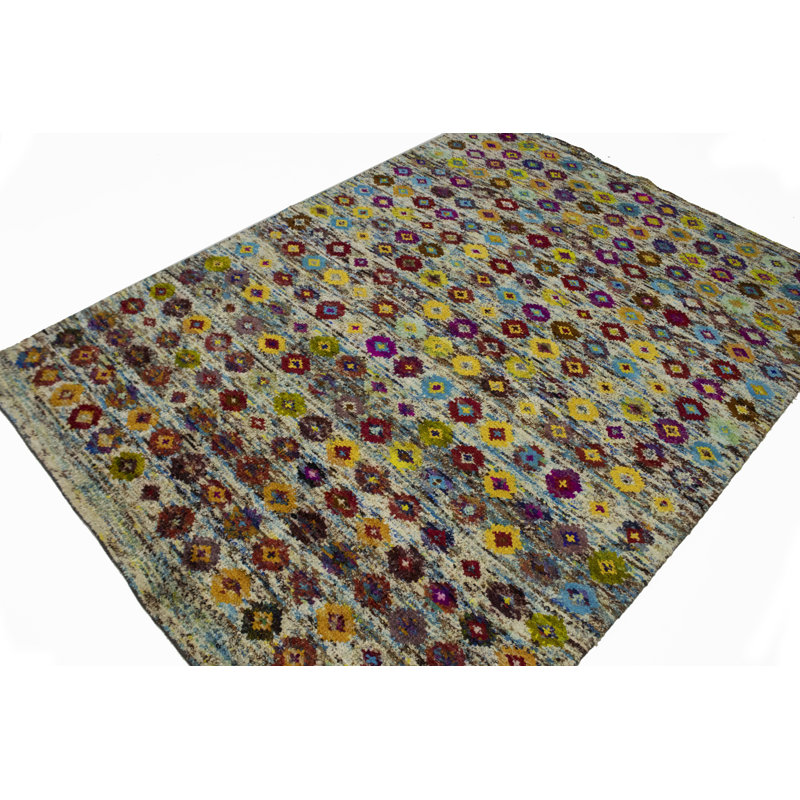 Tapis bleu géométrique noué à la main 5 pi 6 po x 7 pi 7 po