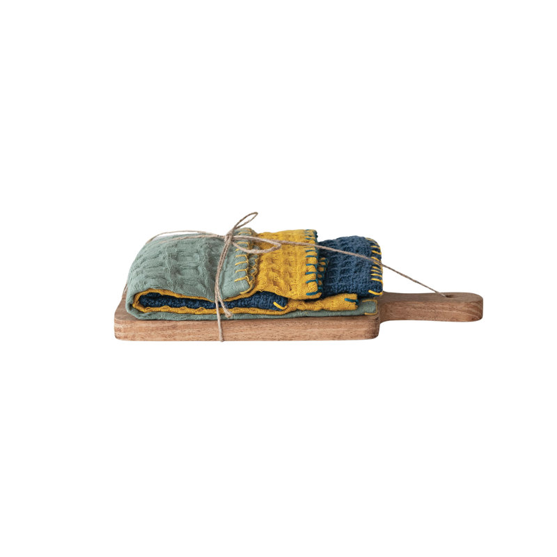 Cotton Dishcloth On A Mango Wood Board, Yellow/Green/Blue