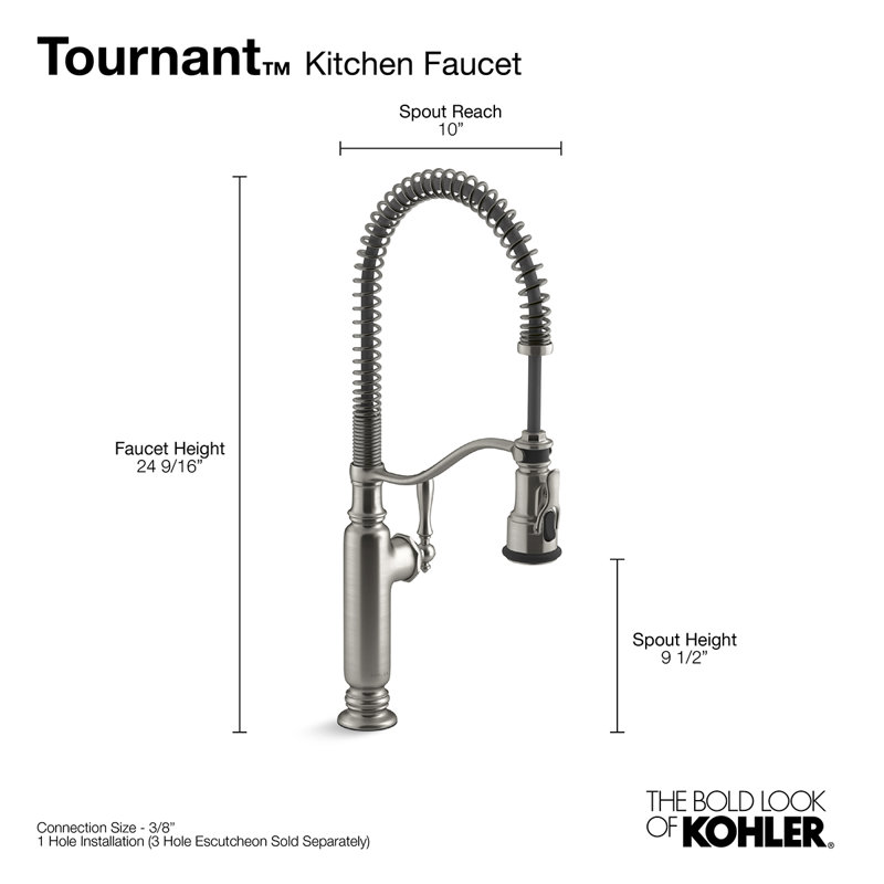 Robinet d'évier de cuisine semi-professionnel avec poignée simple et tête de pulvérisation rétractable à trois fonctions Tournant de Kohler