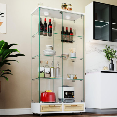 Small - Space 4 Shelf Tempered Glass Cabinet With 13 Colour Led Lighting, Locking Storage And 2 Drawers For Office, Kitchen White Natural Multifunctional Quick Assembly Display Lights, Large Bedroom,
