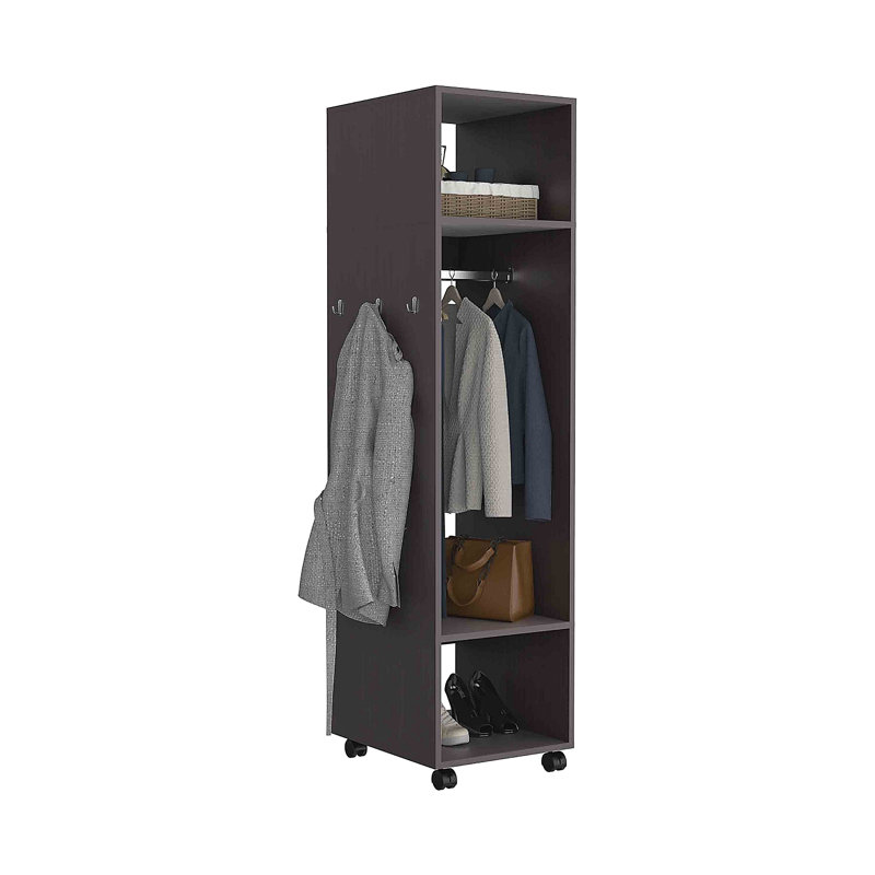 Armoire haute 63 po avec miroir, trois tablettes, roulettes et tringle, armoire, Ébène