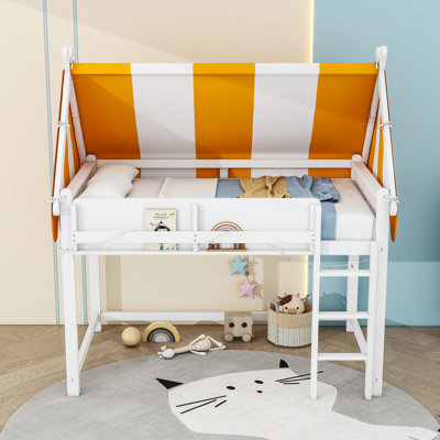 Loft Bed with Canopy, LED Light, Bookshelf, Ladder and Guardrails