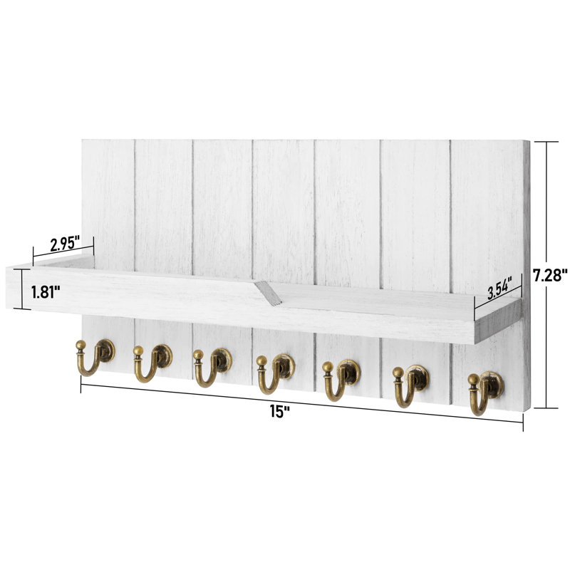 Decorative Key And Mail Holder For Wall - Farmhouse 15 Inches Floating Shelf With 7 Sturdy Key Hooks For Home Entryway Wall Decor - Rustic Key Racks