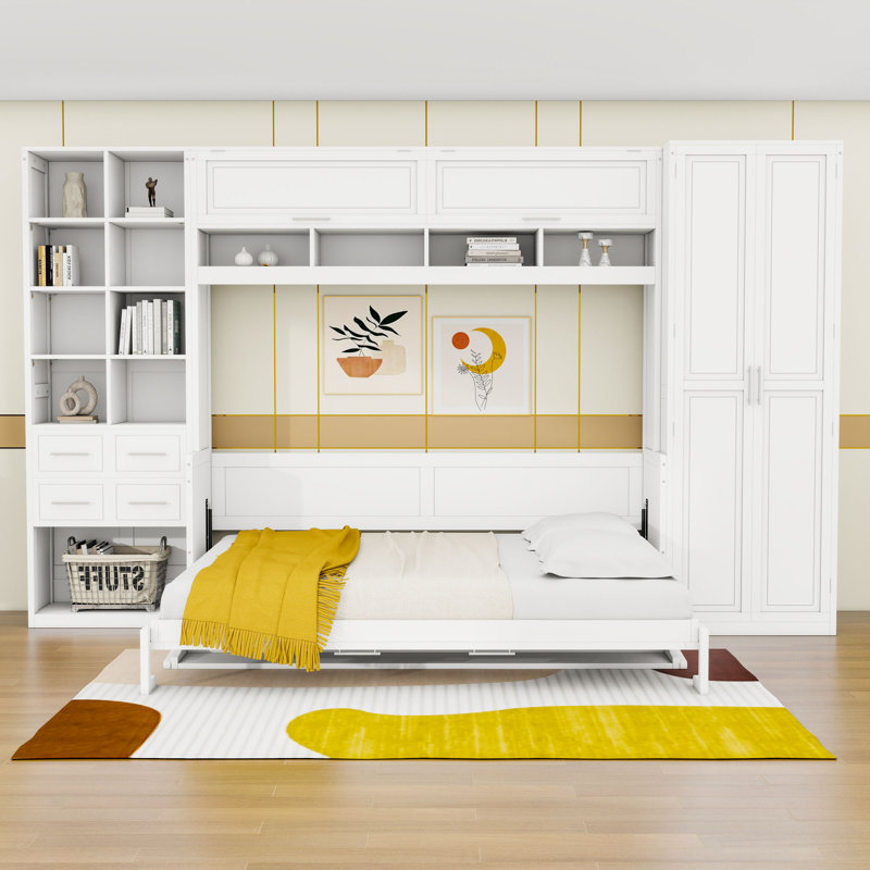 Lit escamotable avec placard, tiroirs et tablettes Murphy, Blanc, Grand