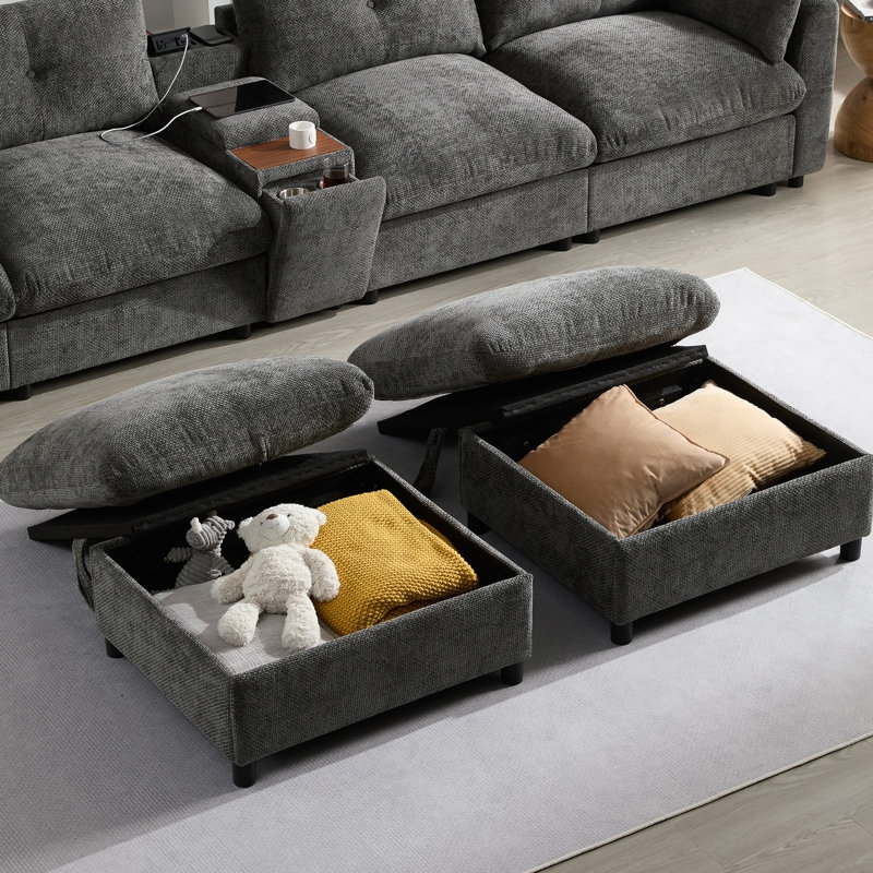 136'' Modular Sectional Sofa with Console, Cup Holder, USB Charger, Movable Storage Ottoman, Pull-line&Tufted Design, U-Shaped Oversized Chenille Sofa for Living Room&Apartment,2 Colors
