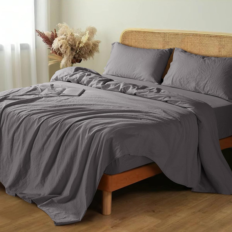Natural Linen Cotton Bed Sheets Set，Deep Pocket- 4 Pcs, King, Dark Gray