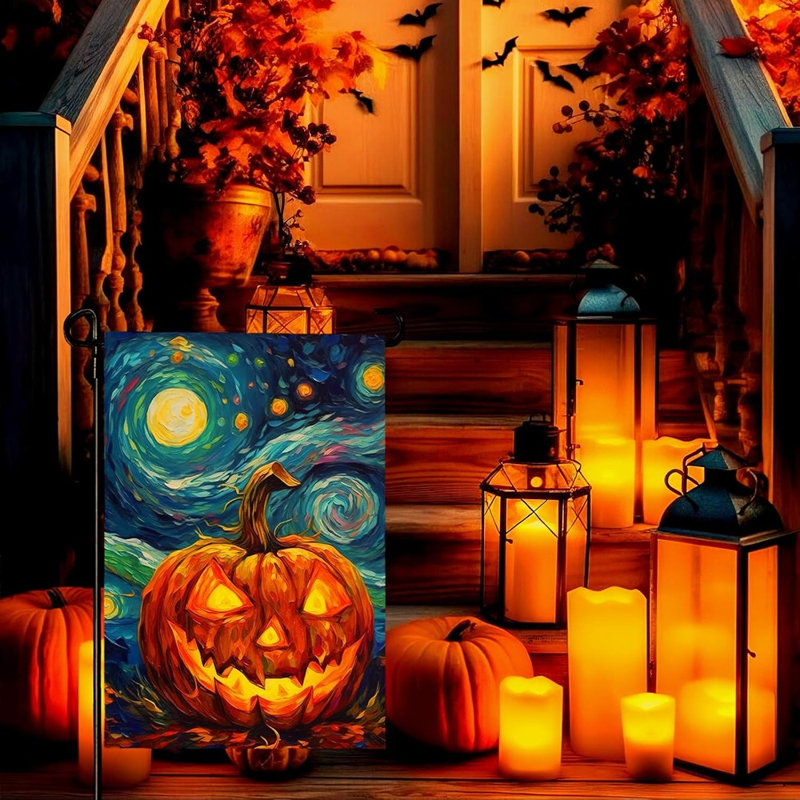 Drapeau d'Halloween citrouille d'Halloween Van Gogh - drapeau de nuit étoilé pour décorations d'automne et de ferme