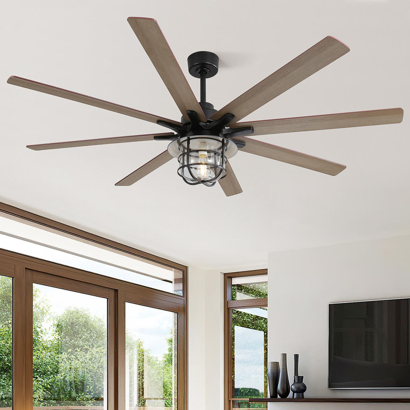 Modern 66 Inch Ceiling Fan With 6 Speed Wind 8 Blades Remote Control Reversible DC Motor With Light, Black, Brown