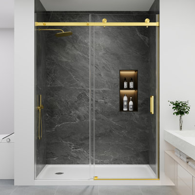 Porte de douche coulissante simple sans cadre de 61 à 66 po x H 76 po en or brossé avec verre trempé transparent de 1/4 po (6 mm)