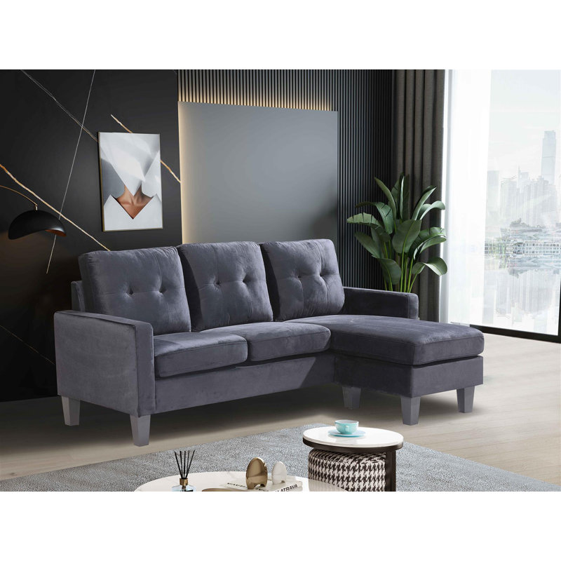 Ollice 3 Seater Velvet Sofa & Chaise, Black